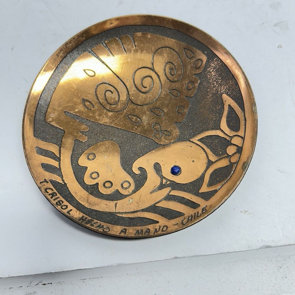 Vintage T. Crisol Chilean Handcrafted Copper Plate Lapis Lazuli Modernist Bird